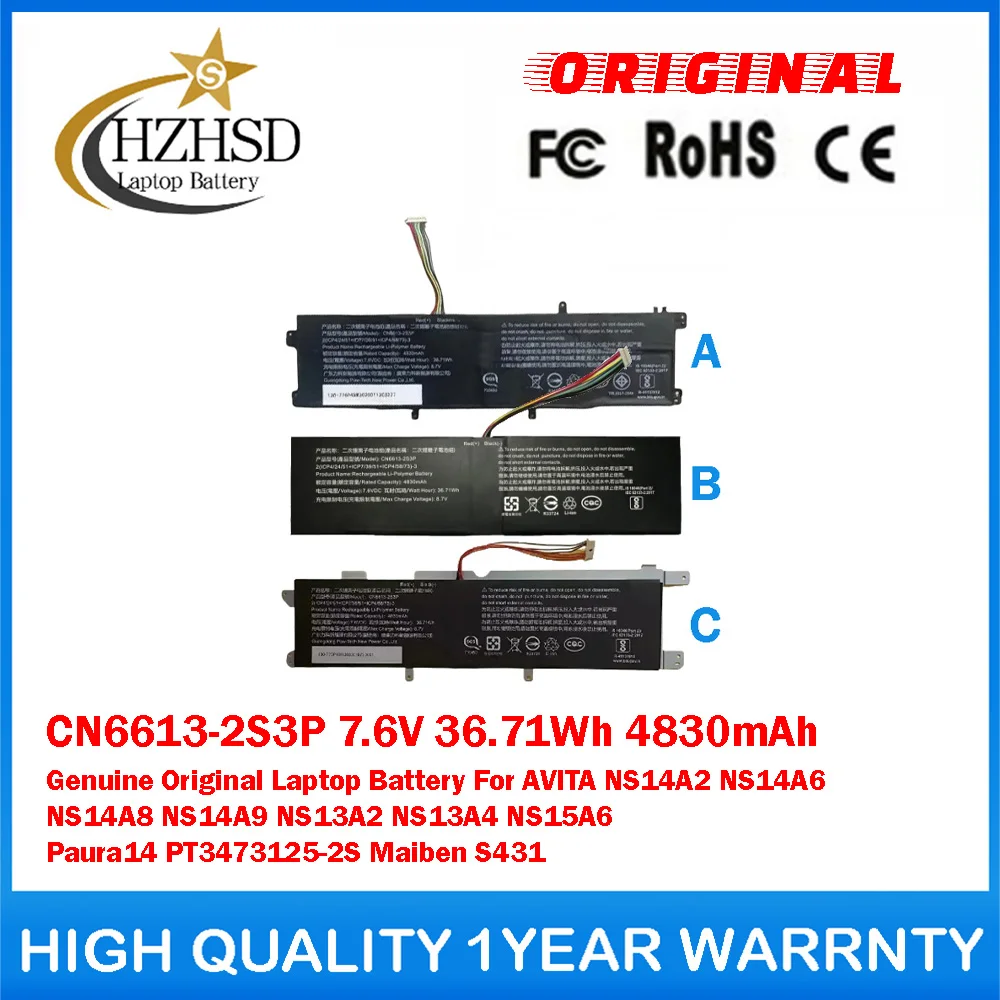 CN6613-2S3P 7.6V 36.71Wh 4830mAh Genuine Original Laptop Battery For AVITA NS14A2 NS14A6 NS14A8 NS14A9 NS13A2 NS13A4 NS15A6