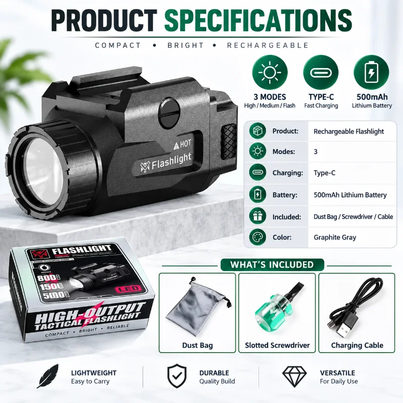 Rechargeable Mini Metal Model Flashlight Constant & Dual Strobe Modes Rail Mount Built-in Lithium Battery Parts
