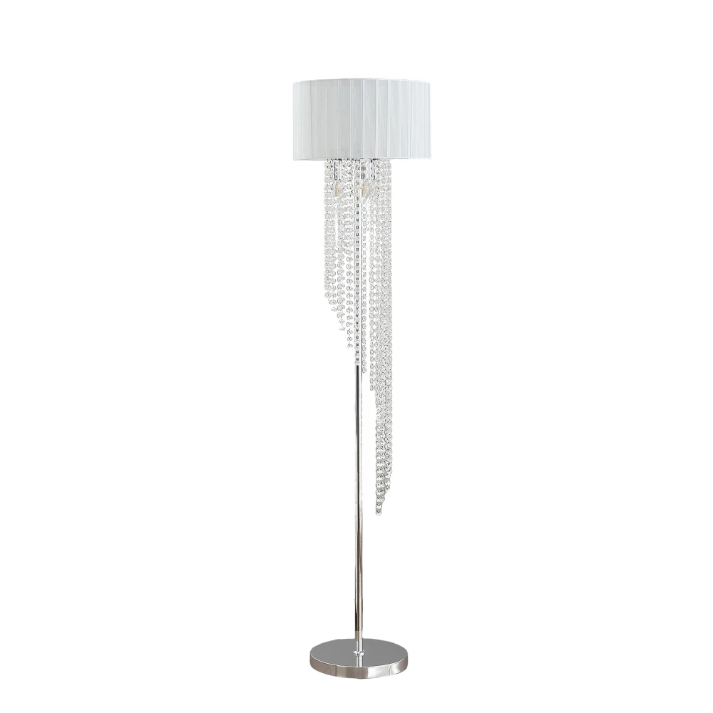 65.75 "H Sheer White Drum Shade Rain Crystal Chrome Metal Lâmpada de assoalho para sala de estar, lâmpada de pé para quarto