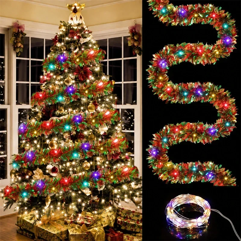 16FT/5M Sparkling Christmas Coloured Tinsel Garland LED String Lights Ribbon Christmas Tree Home Wedding Decor Holiday Lighting