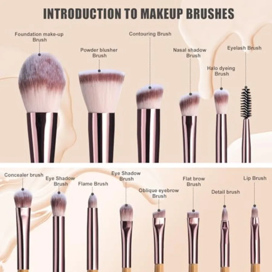 Reismake-upborstelset Bamboeborstels Foundation Poeder Concealers Oogschaduw Make-upset met spiegelkoffer 14-delig