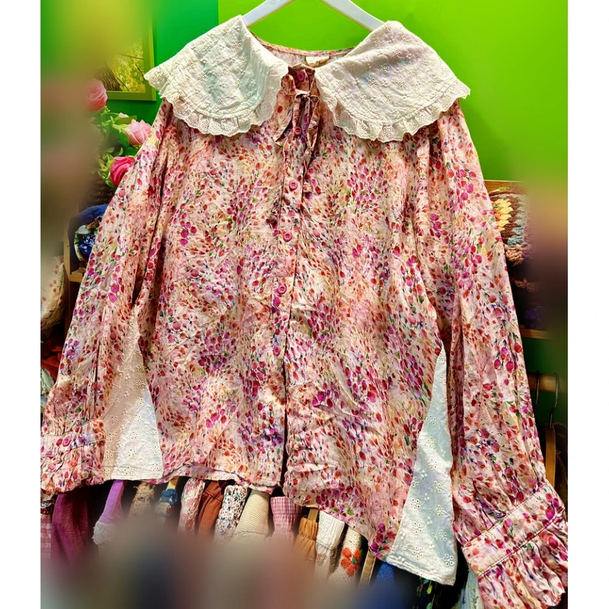 

Female Autumn Ramie Cotton Eyelet Lace Patchwork Sweet Blouse Korean Vintage Retro Chic Cottagecore Mori Girl Sweet Shirt Tops