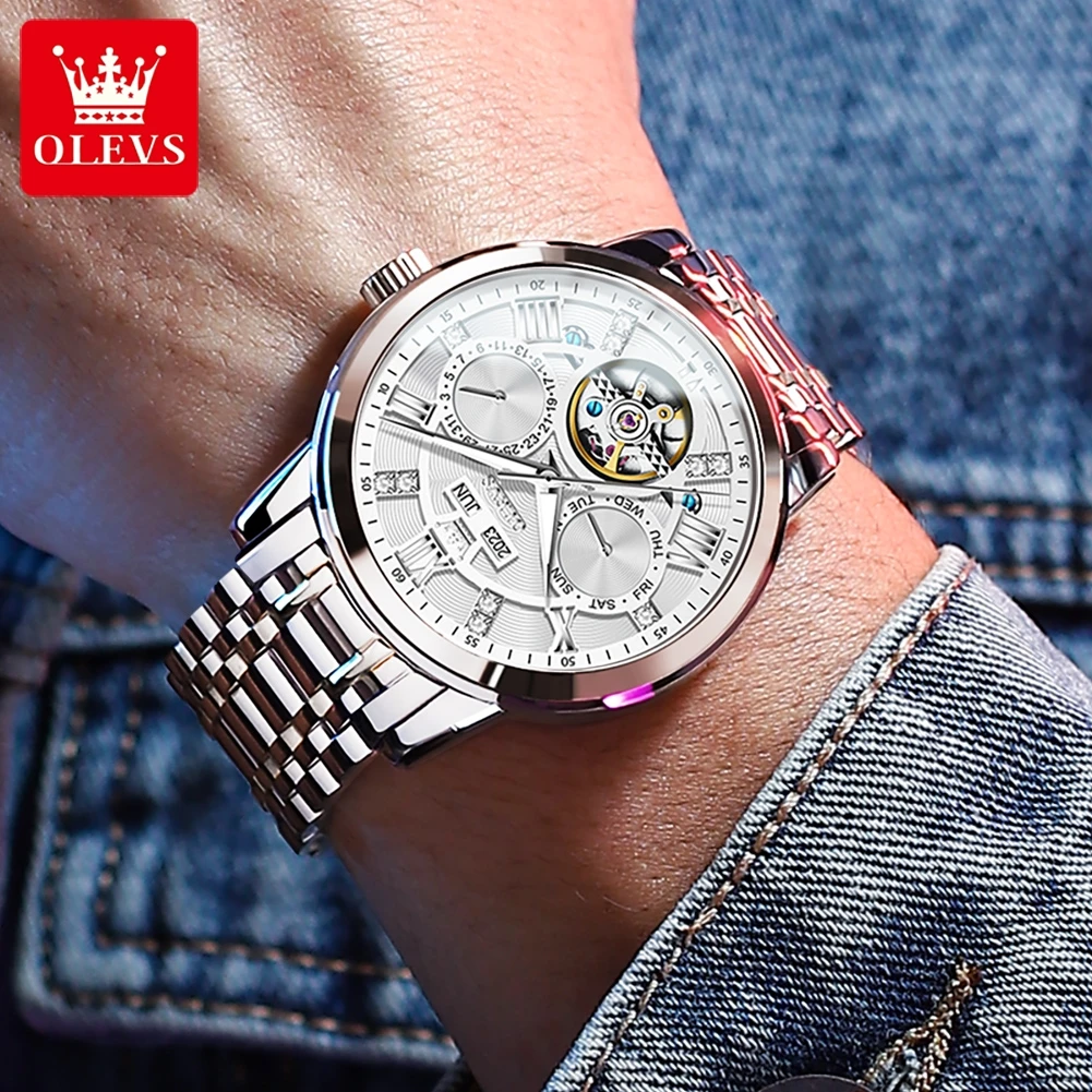 OLEVS Luxury Skeleton Flywheel Automatic Watch for Men Stainless Steel Waterproof Luminous Calendar Business Top Man Wristwatch