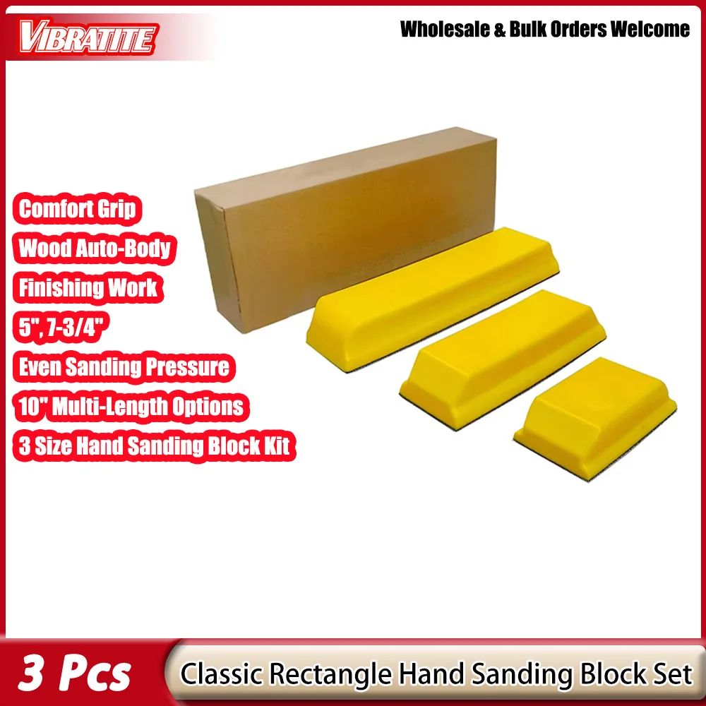 VIBRATITE Klassisches rechteckiges Handschleifblock-Set mit 3 Blöcken, 5 Zoll, 7-3/4 Zoll und 10 Zoll Set, Klettverschluss und PSA-Schleifpapier