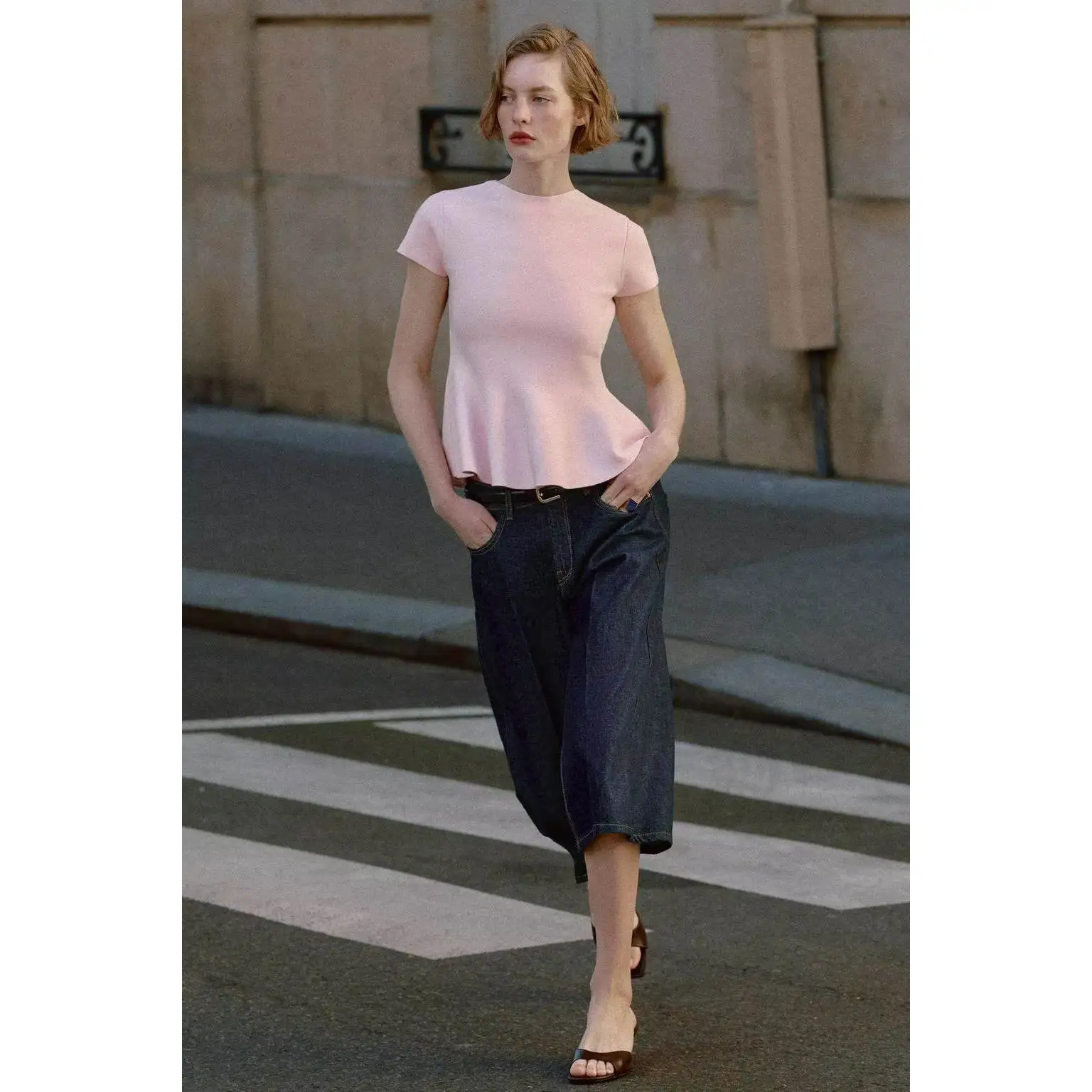 Fashionable Nine-Point Short Skirt Knitted Top Women's Spring Summer New Arrival ZR Style Commute Slim Fit round Neck Polyester
