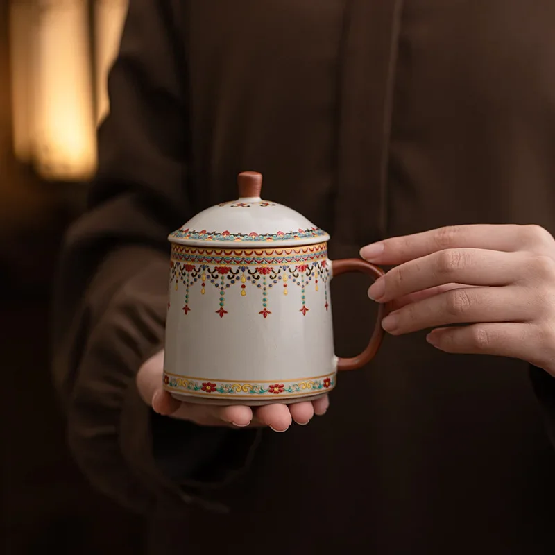 Premium Retro Exotic Dunhuang Pattern Ceramic Mug with Lid, Single Drinking Cup for Office Coffee Tea Home Daily Use