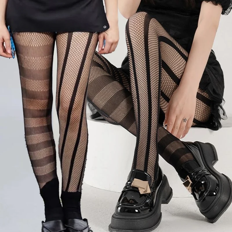 Vintage Gothic Dark Punk Sexy Pantyhose Y2K Lolita Uniform Striped AB Asymmetric Hollow Out Fishnet Tights Women Summer Stocking