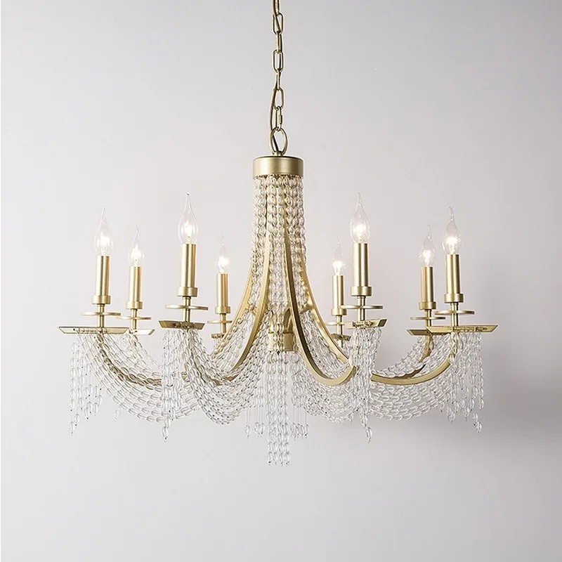 American chandelier, living room lamp, bead chain art creative simple light luxury French dining room lamp bedroom crystal lamp