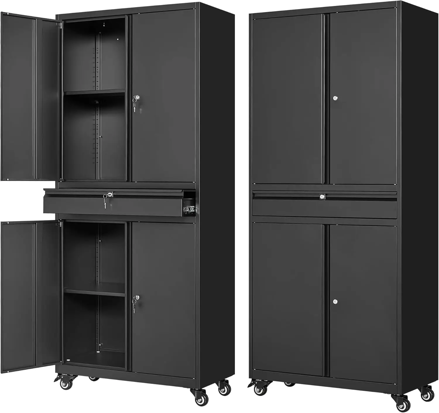 Letaya Metal Garage Storage Cabinet With Wheels,Rolling Tool Cabinet With 4 Door Lock-Adjustable Shelves And 1 Drawer For