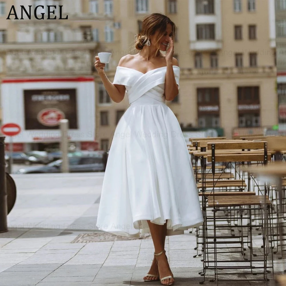 ANGEL Short Satin Wedding Dresses A-line Cross Bridal Gown Simple Vintage Lace Up Tea-Length Off The Shoulder Robe De Mariée