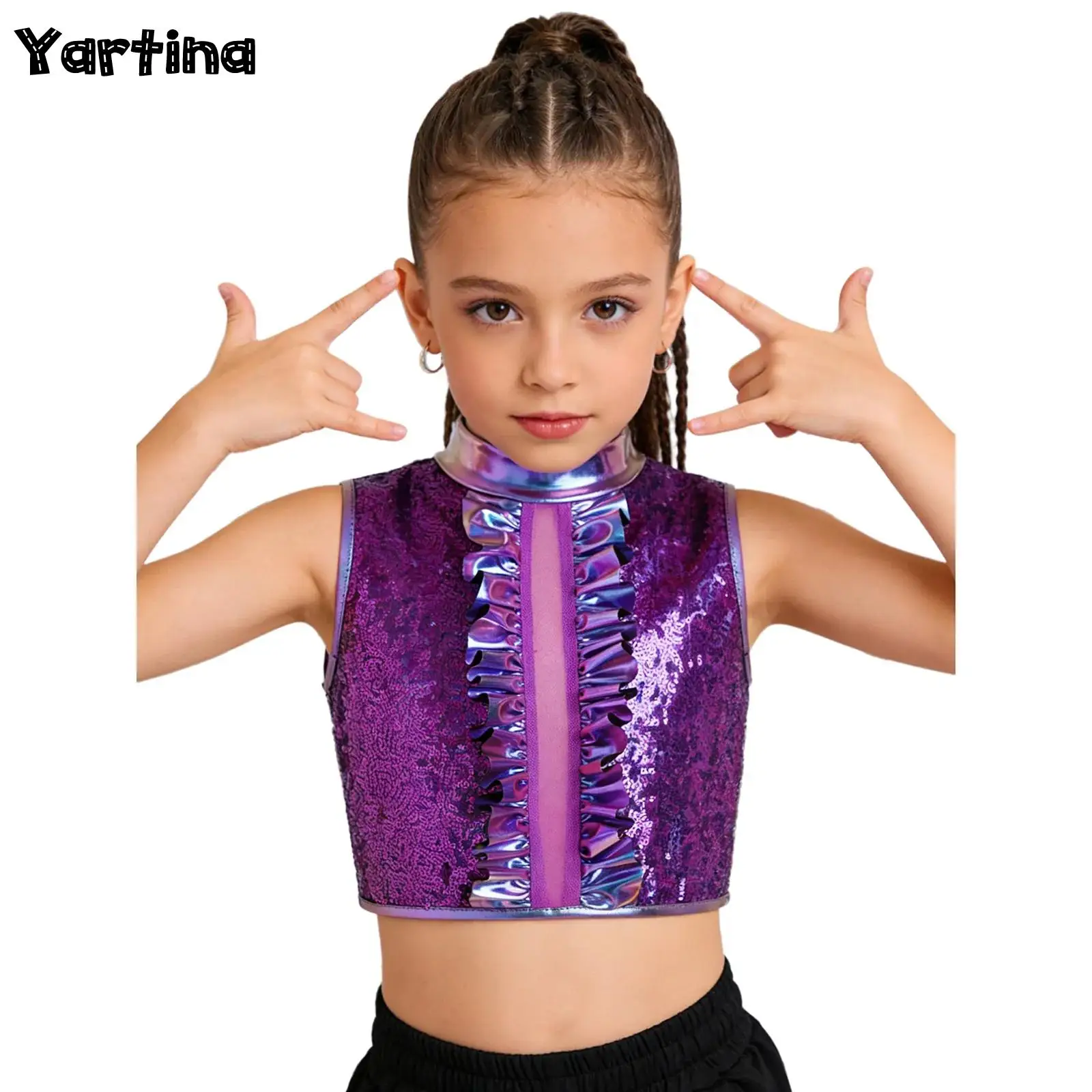 

Детский топ для девочек с блестящими пайетками и металлическим эффектом, укороченный, с невидимой молнией сзади, с рюшами, для джазовых танцев, хип-хопа, выступлений