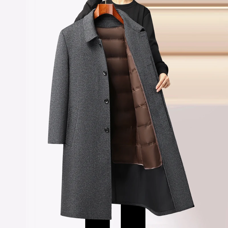 

Knee Length Woolen Coats 2024 Winter Men's Business Casual Duck Down Liner Overcoat Thick Warm Wear 100% Wool Jacket Windbreaker