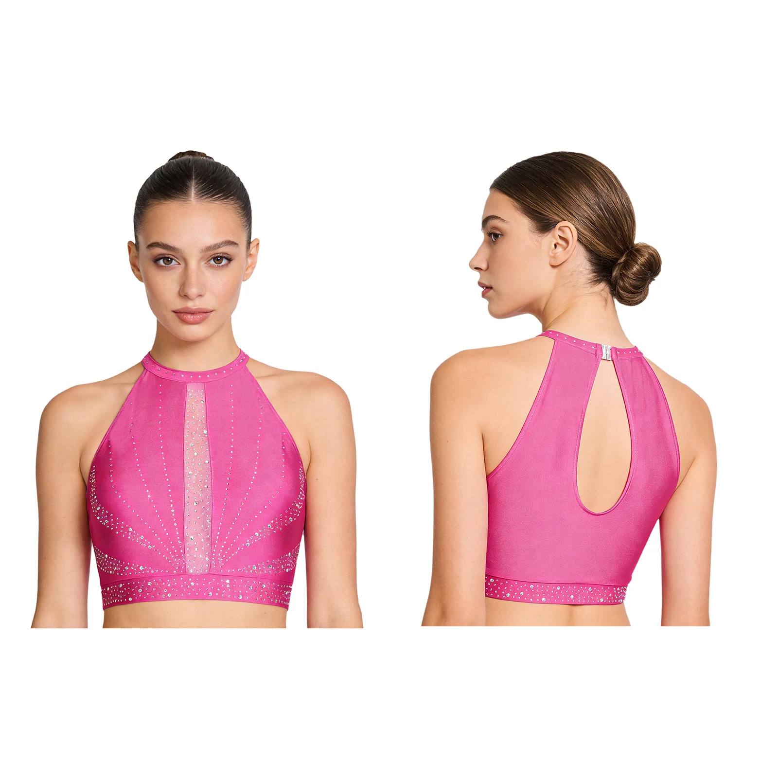 Modernes lyrisches Tanz-Performance-Outfit für Damen, ärmelloses Tanktop mit Strass und schimmernde Mesh-Beinhose für Bühnenshows
