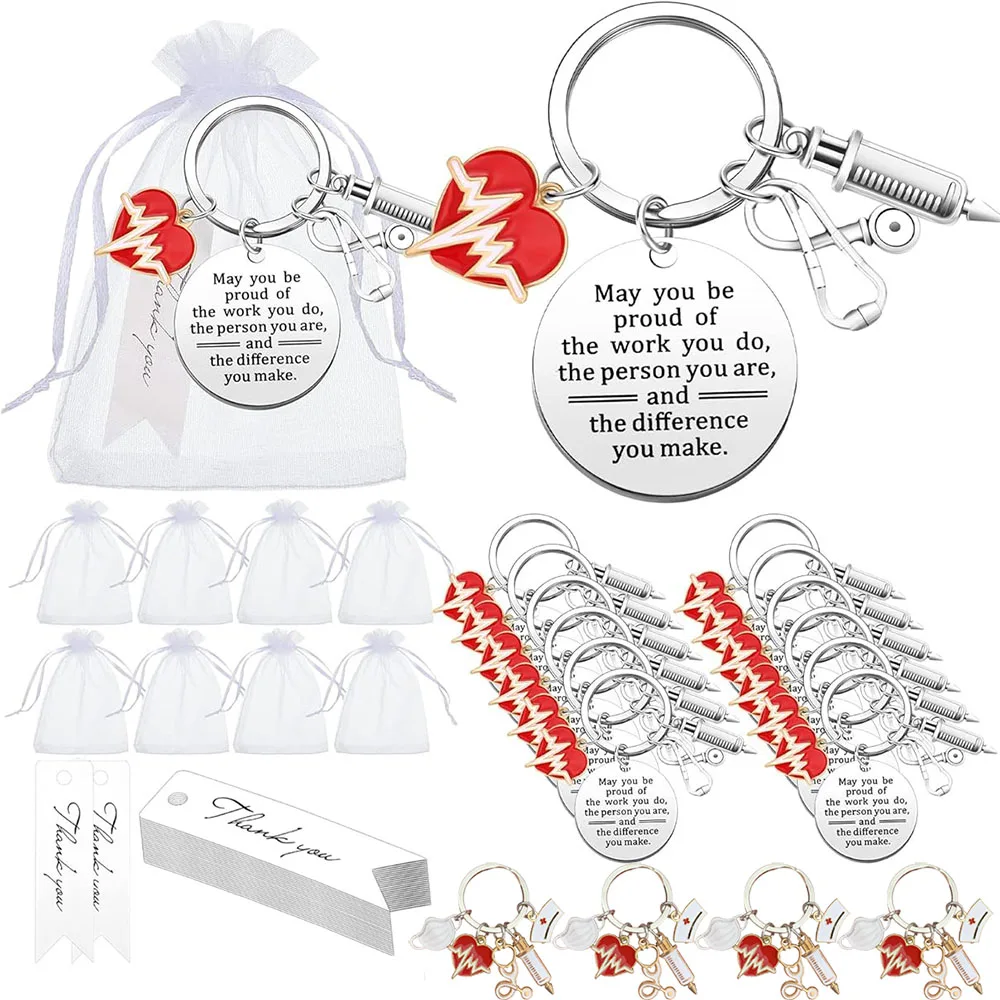 12-100Pcs Nurse Keyclain Medical Tool Key Ring Employee Appreciation Gift Nurse Party Favors Gifts with Red Heart Pendant