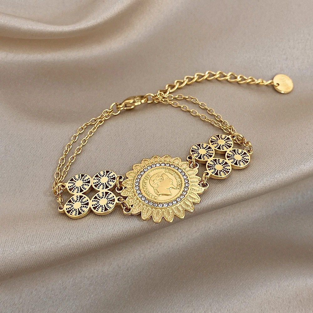 Greatera Portrait Card Surrounded Leaves Bangle For Women Men Small Flower-shaped Hollowed-out Coin Theme Spliced Bracelet Gift