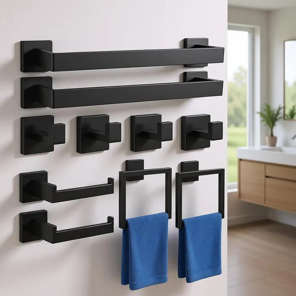 

Набор из 10 настенных держателей для полотенец из нержавеющей стали, 16 матовых черных аксессуаров для ванной комнаты