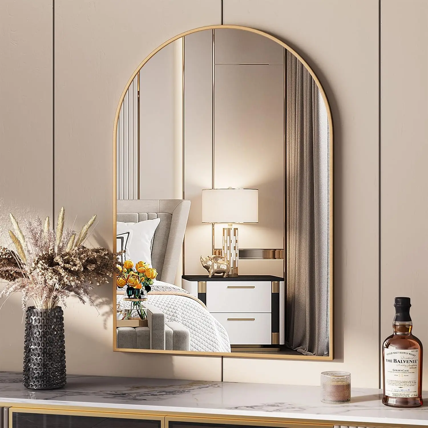 مرآة حمام بإطار معدني للجدار، مرآة زينة للحمام، مرآة مستطيلة كبيرة/قوسية، مضادة للصدأ، زجاج مقسى #2