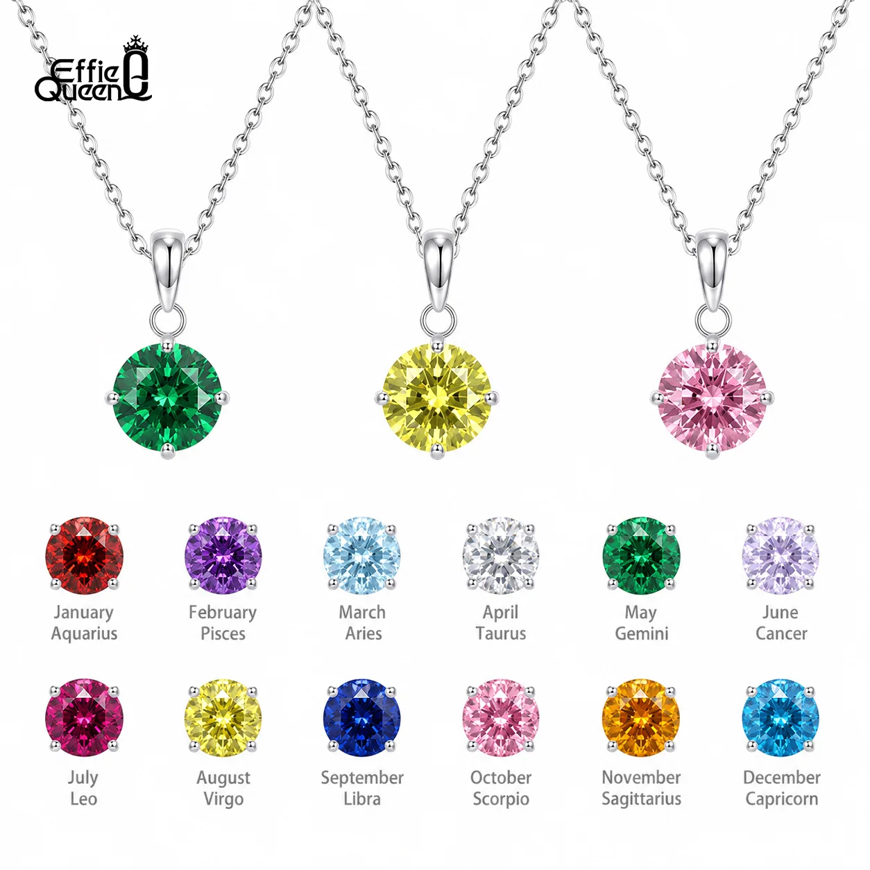 EFFIE QUEEN Fashion Colorful Zircon Round Pendant Necklaces Stainless Steel Birthday Stone Choker Dainty Jewelry Gift HTKN07