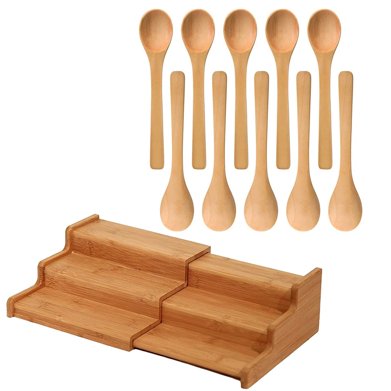 

30 Pcs Mini Wooden Spoon Small Soup Spoons & 1 Pcs Spice Rack Kitchen Cabinet Organizer- 3 Tier Bamboo Display Shelf