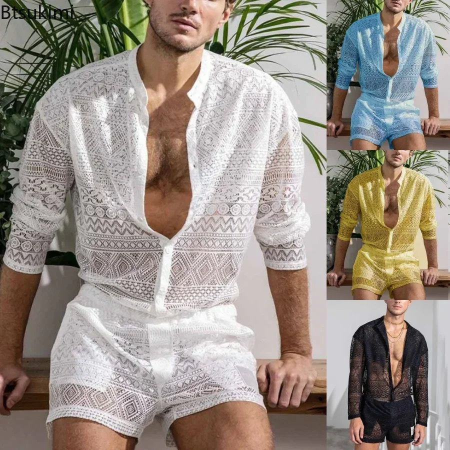 2025 conjuntos de ternos de duas peças de verão masculino ver através de roupas de renda praia padrão liso impressão manga comprida topos e shorts conjunto masculino