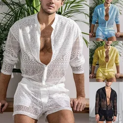 2026 Men's Summer Two Piece Suits Sets See Through Lace Outfits Beach Plain Pattern Print Long Sleeved Tops And Shorts Set Male