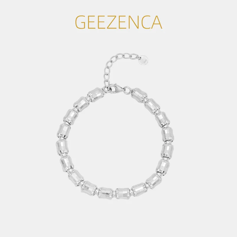

GEEZENCA Italy Jewelry 925 Silver High Polished Hollow Cylinder Beaded Bracelets For Women 6MM Sparkle Stack Link Chain Bracelet