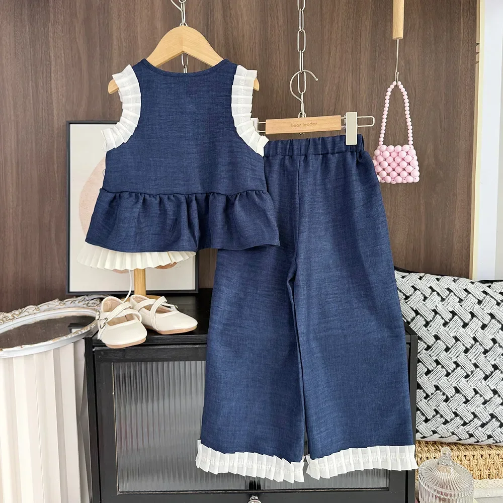 Korean Version Fashion Color Blocked Children's Set Sleeveless Lace Single Breasted Top + Pants Summer Daily Blue Girls Clothes