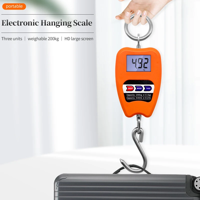 200KG Electronic Scale Stainless Steel Crane Scales Industrial Scale Hoist Scale Hook Accurate Handheld Scale Weighing Digital