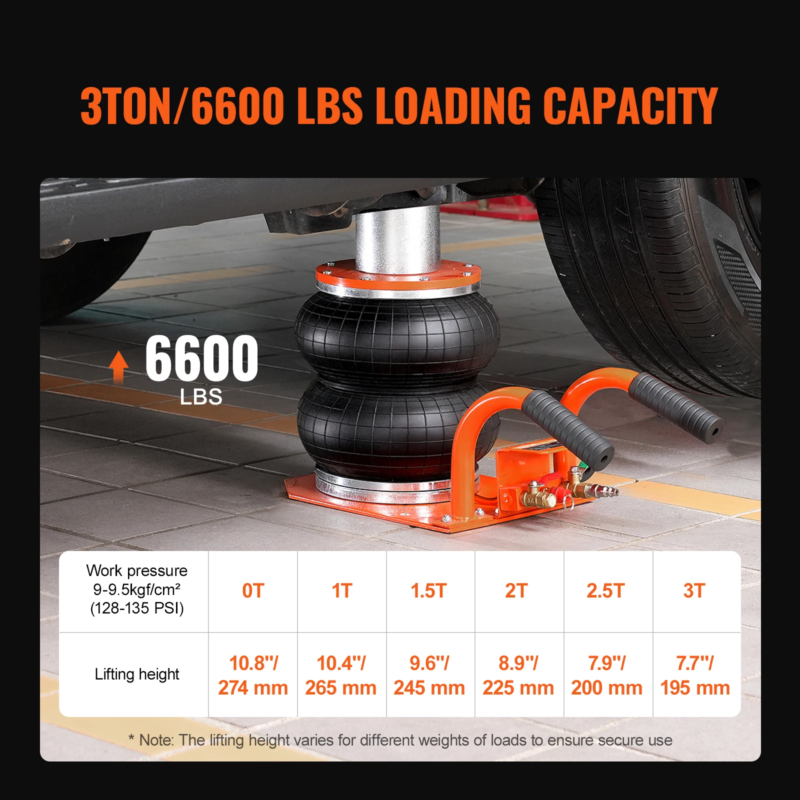 SucceBuy 3T エアージャッキ 3-8S 空気圧式リフティングジャッキ 高さ調整可能なコラム付き スチールチューブ6本 厚いゴムパッド セダン、SUV、ピックアップトラックに適合