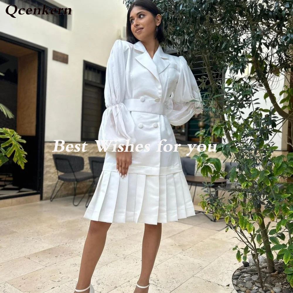 Qcenkern Stand Collar Vintage Evening Formal Saudi Arabia Long Sleeves White Party Dresses Gowns Women Robes de Soirée 2023