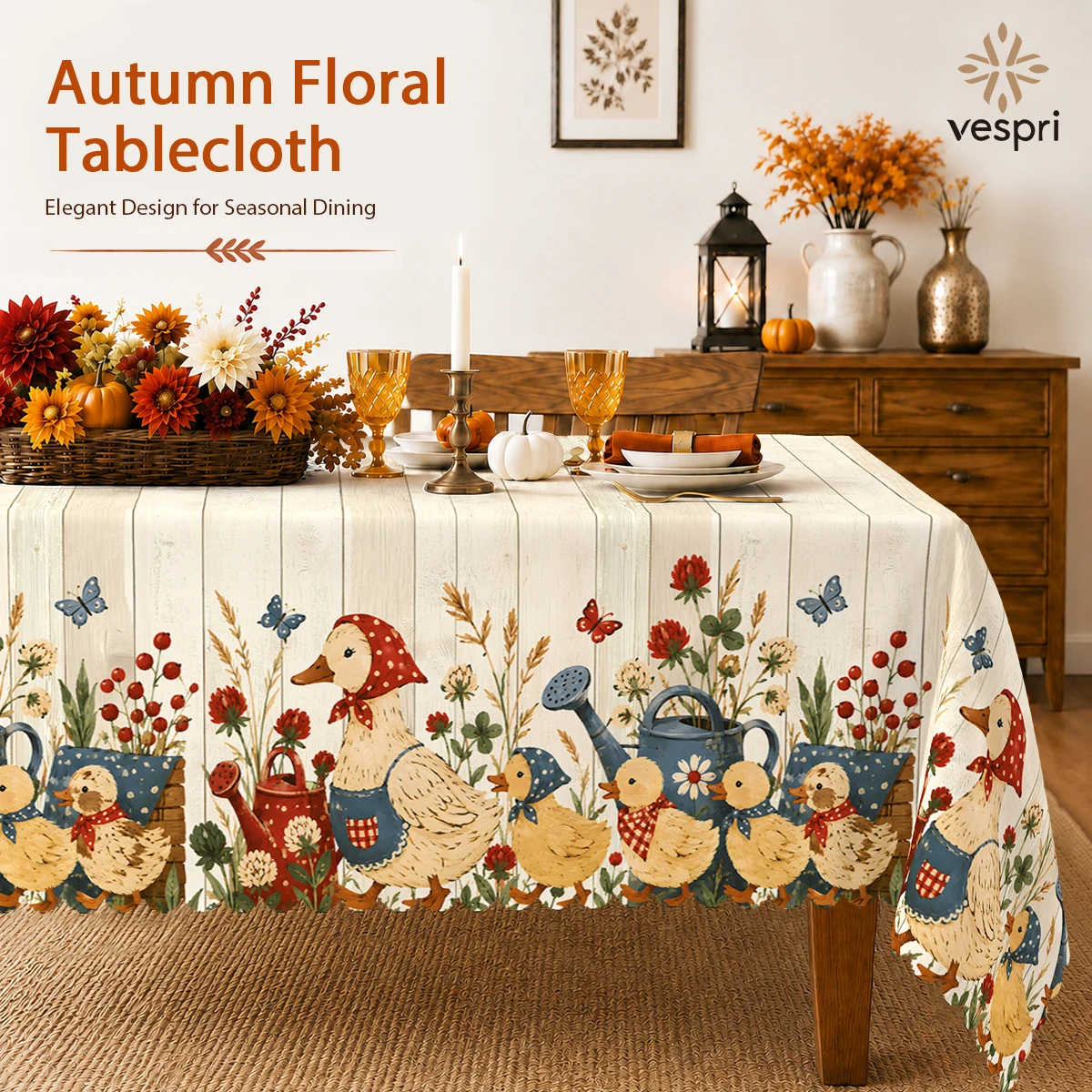 Harvest Tablecloth with Farm Animals & Turkeys for Indoor/Outdoor Camping decor, Rectangular/Round/Oval