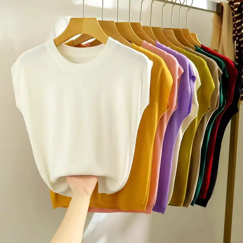 

Ice Silk Knitted Summer Top Women's Thin round Neck Short Sleeve Shoulder Casual Pure Color Versatile Korean Style Knitted Sw...