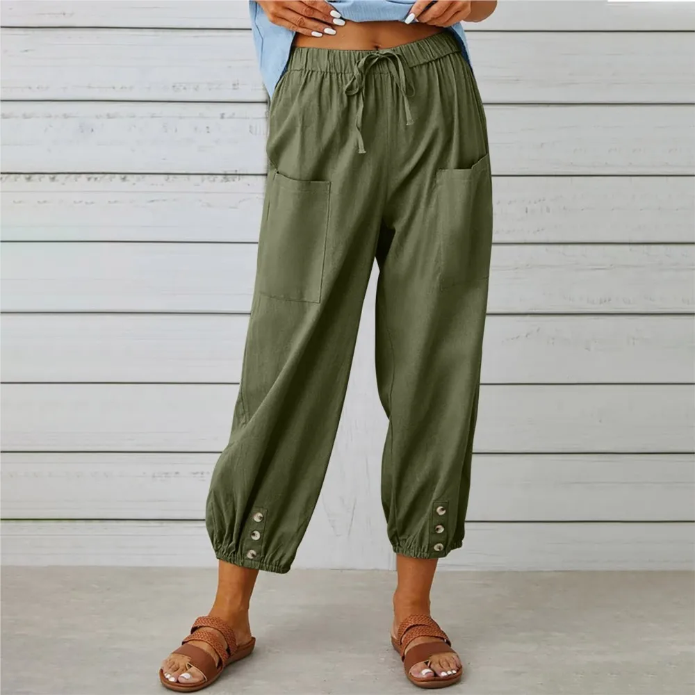 New Drawstring Multi-color Loose Fit High Waisted Button Casual Cropped Pants Wide Leg Women's Pants Pantalones Cargo Para Mujer