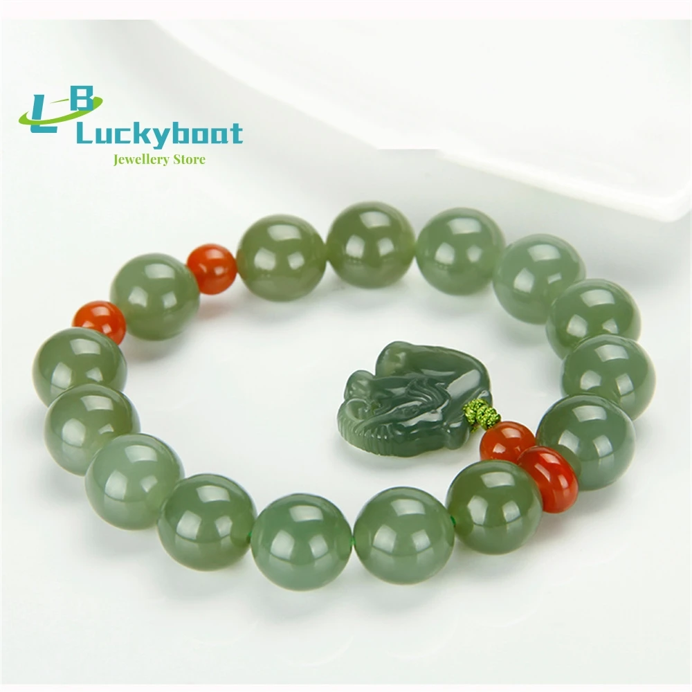 

Xinjiang Hetian Jade Qinghai Lake Water Green Round Bead Elephant Men's And Women's Bracelets