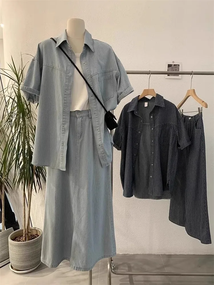 

plus Size Women's Casual Stripe Denim Shirt Skirt Set Summer Loose High Waist A-Line Two-Piece Outfit Korean Style Commute