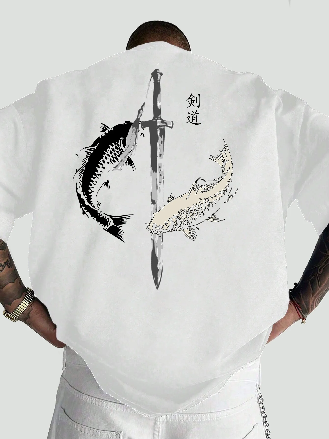 Men Oversized T Shirt Yin Yang Koi Fish Samurai Sword Kendo Kanji Back Print Crew Neck Short Sleeve Japanese Street Tee