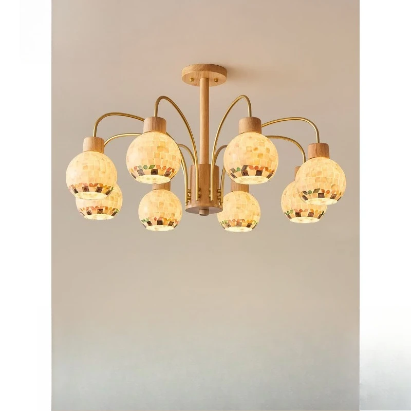 Nordic log wind chandelier, living room main light luxury high-end pastoral shell hall light, Japanese bedroom dining room light