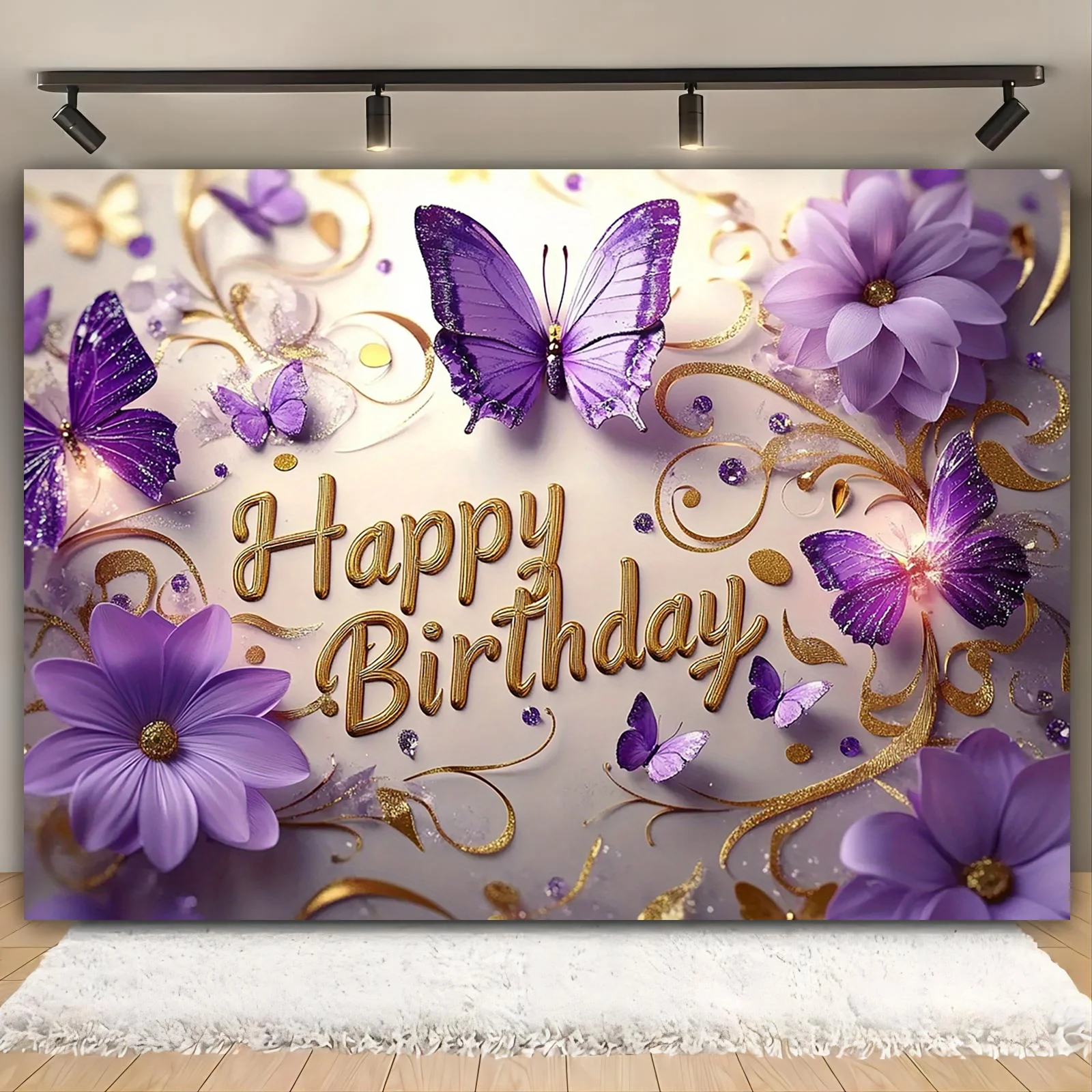 1-teiliges, luxuriöses Schmetterlings-Geburtstagsbanner – multifunktionaler Polyester-Hintergrundstoff, für Jubiläen, Hochzeiten usw