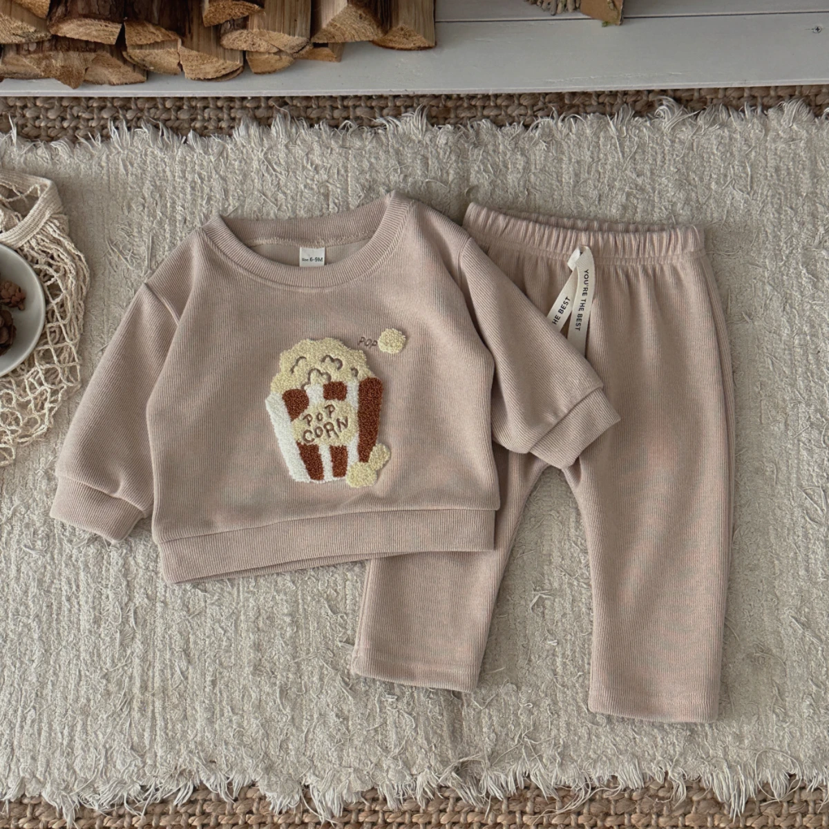 Korean Cute Toddler Cartoon Popcorn Applique Outfit, Light‑Coffee Ribbed Knit Long‑Sleeve Top & Pants 2‑Pcs Suit