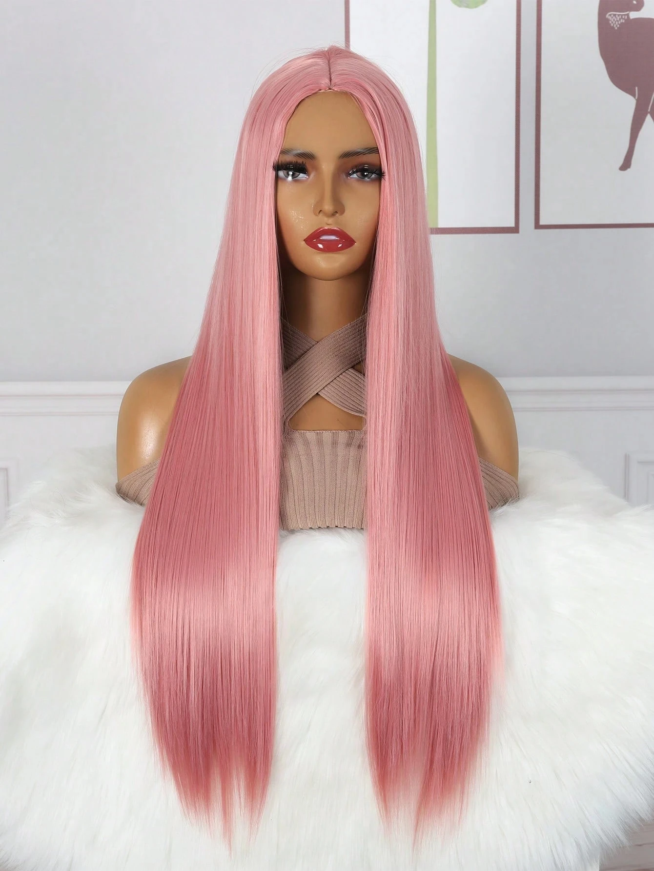 Long Straight Synthetic Wig, Women's Pink Middle-Parted Long Straight Hair, Suitable for Valentine's Day, Christmas and Other Holidays