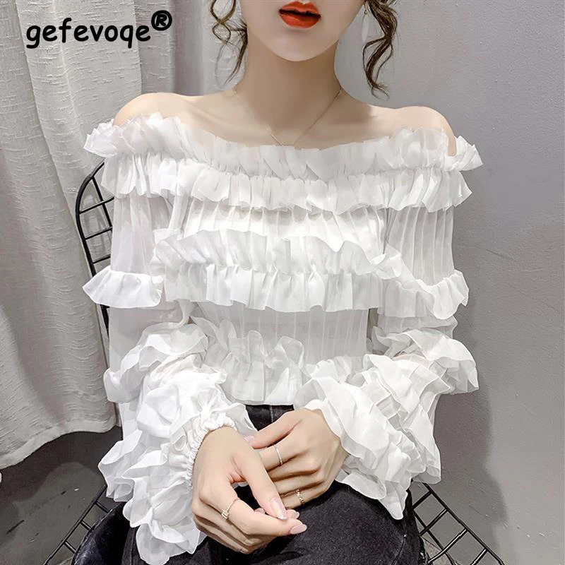 2023 Spring Summer New Fashion Sexy Off Shoulder Ruffle Elegant Chic Sweet Blouse Top Women Black White Slim Long Sleeve Shirts