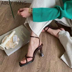 Fashion Summer Narrow Band Heel Sandals Women Thick Heel Ankle Strap Square Toe Ladies Dress Sandals Women Shoes Zapatos Mujer