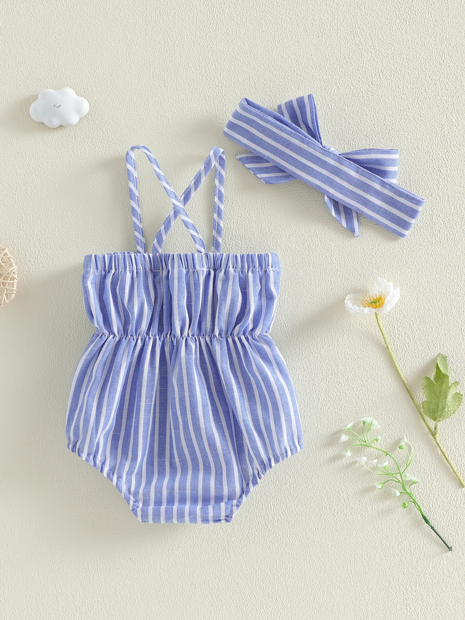 

Комбинезон с цветочным принтом и рюшами на рукавах для маленьких девочек, комплект из 2 предметов с подходящей повязкой на голову для летней пляжной вечеринки