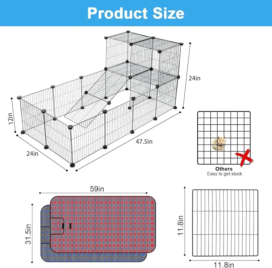 

24 Panels Large Guinea Pig Loft Playpen, Indoor Outdoor C&C Small Animal Cage, Pet Playpen with Waterproof Mat, 12 X 12 Inch Int