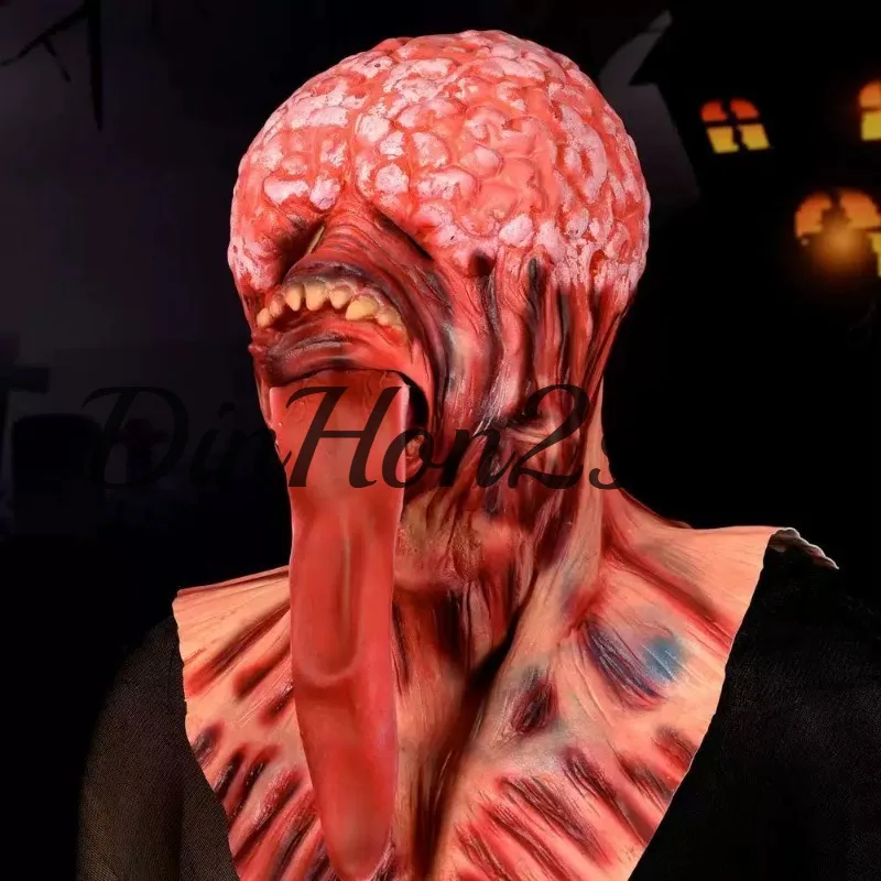 Halloween Long Tongue Monster Mask Latex Thriller Skinless Ghost Hood Haunted House Party Horror Props