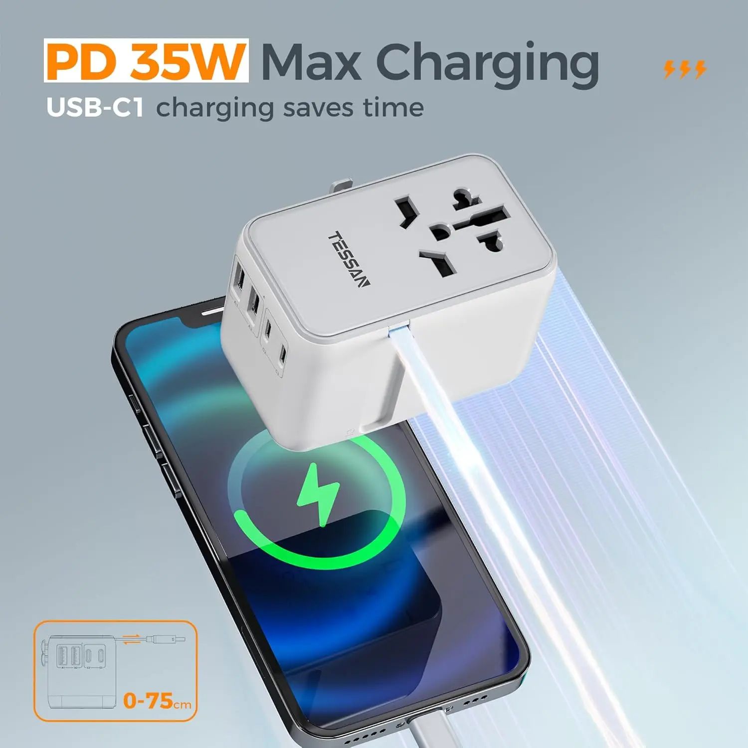 TESSAN 35W International Travel Adapter 75cm Cable USB C Universal Adapter with 5 USB Ports 85W GaN Fast Charger for UK EU US AU