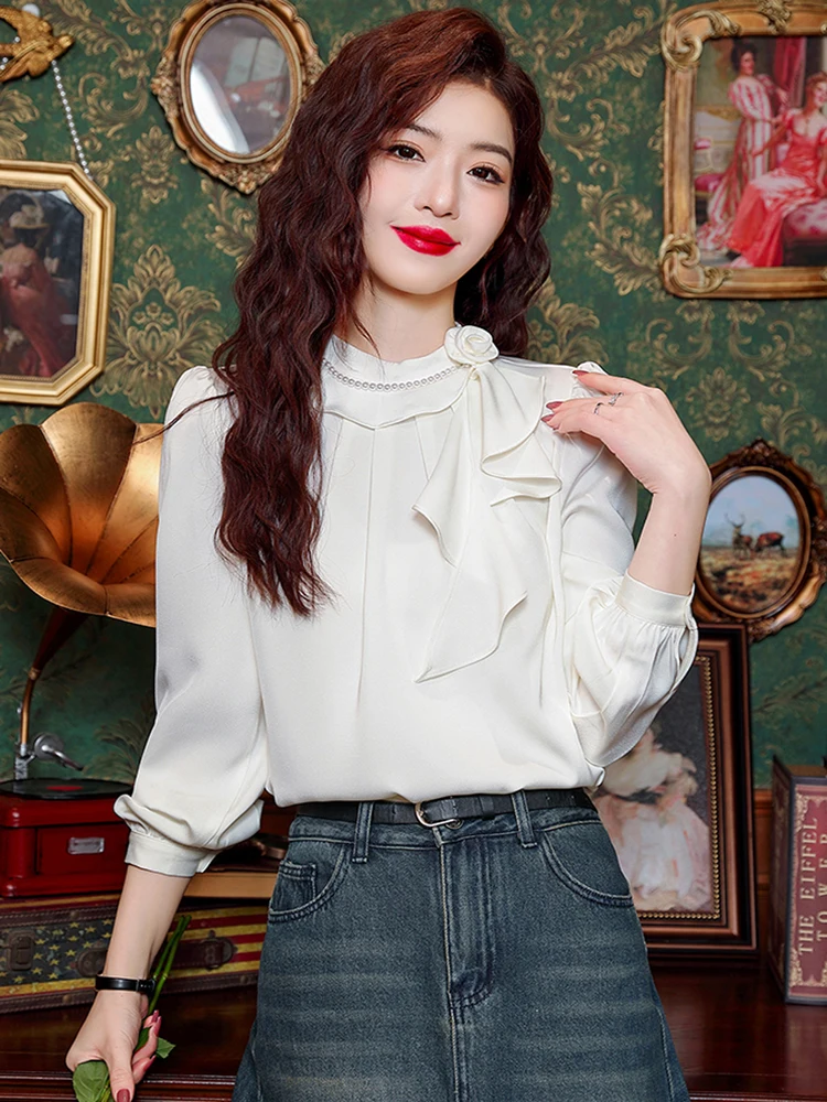 2024 Spring Elegant Red Satin Women Beading Ruffles Blouse Long Sleeve Fashion Korean Office Ladies Work Shirt Basic Female Tops