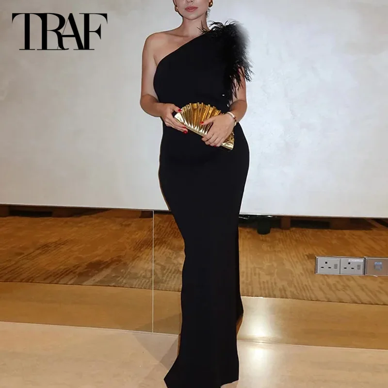 Traf Lange Jurken 2024 Zomer Herfst Dames Off Shoulder Elegante Avondjurken Dames Mode Formele Mouwloze Zwarte Jurk