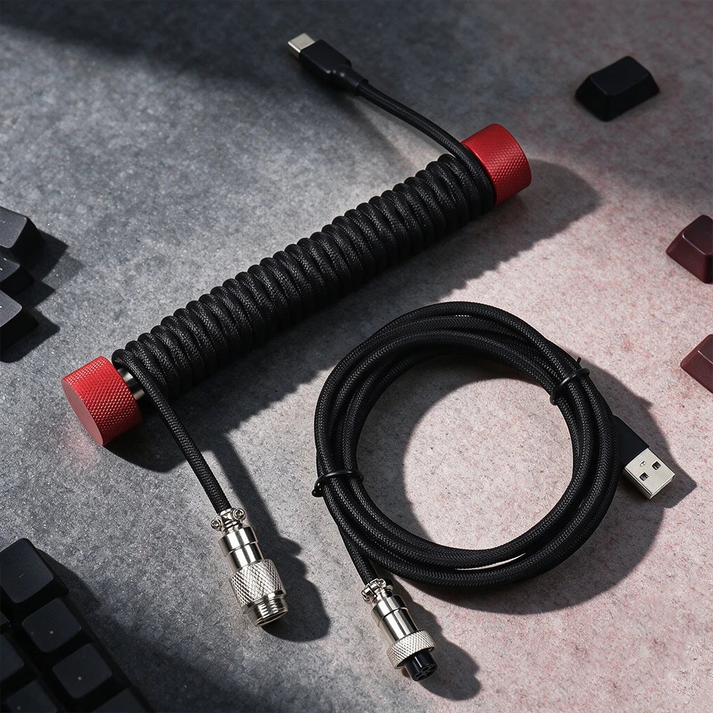 Type C To USB-A Mechanical Keyboard Cable Coiled Keyboard Cable Detachable Metal Aviator Double Sleeved Wire For Gaming Keyboard