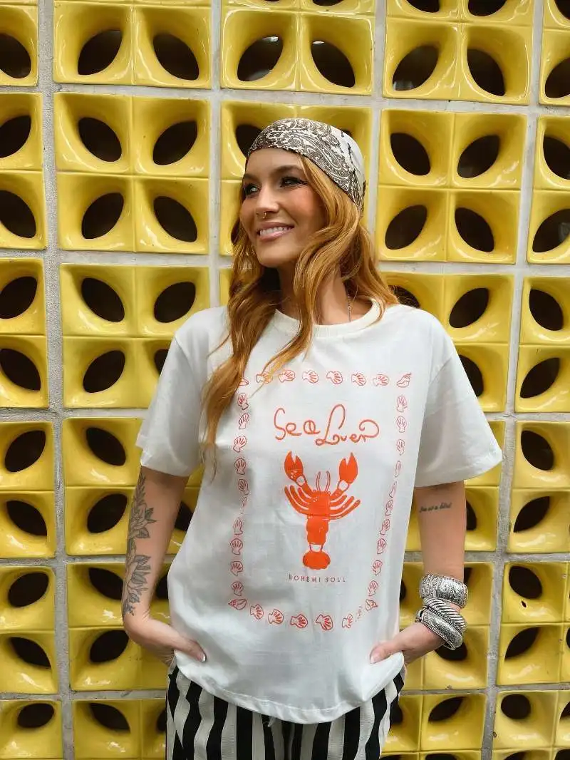 Retro American Vintage Summer Ocean Style Lobster Print Spicy Girl Loose Pure Cotton Short Sleeve T-Shirt Women's Trendy